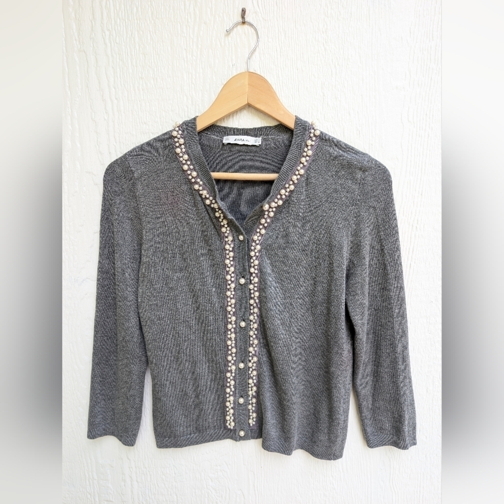 Zara Pearl Trim Embellished Gray Button Down Soft Cardigan Sweater Size Small